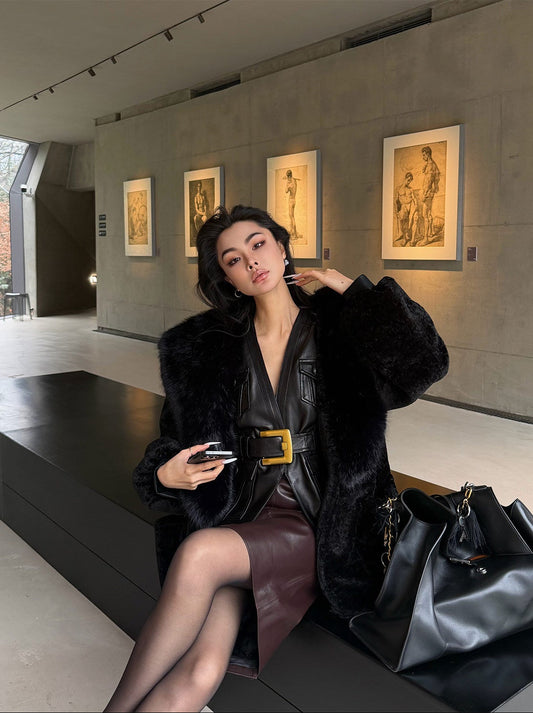 MEI SANGUAN black fur collar cocoon-type mid-length jacket - ADRIAN
