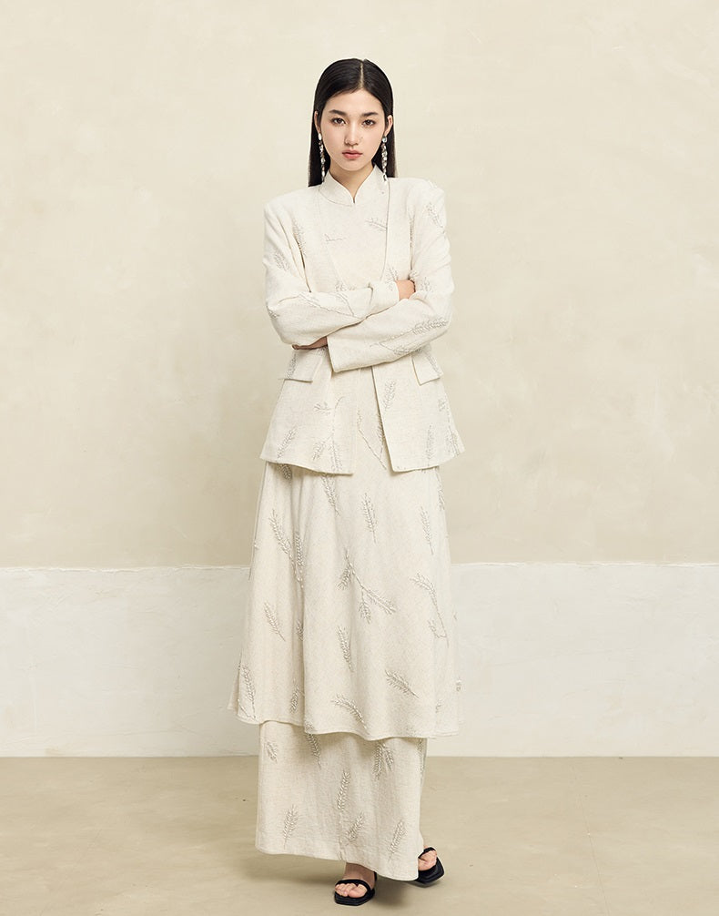 HECO Linen Pearl Leaf Bead Embroidery High Waist Long Skirt Women - JUDAH.