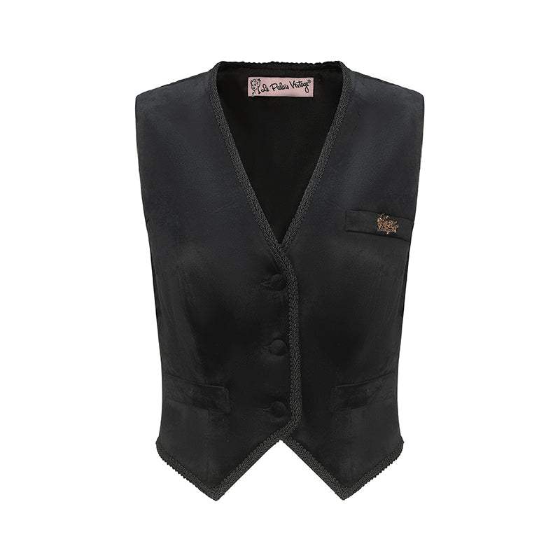 Le Palais Vintage Elegant Retro Black Velvet Stylish Three Piece Suit Set-LISI.