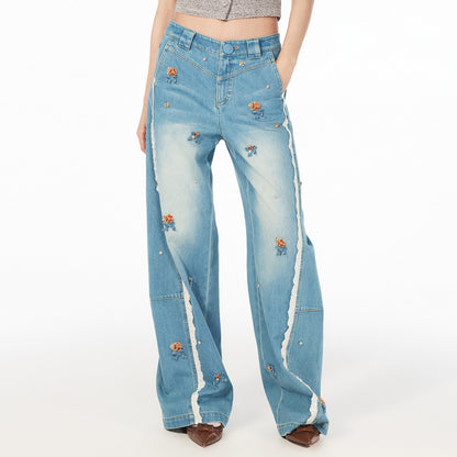FAME Flower Beaded Patchwork Lace Denim Pants - SOPHIA
