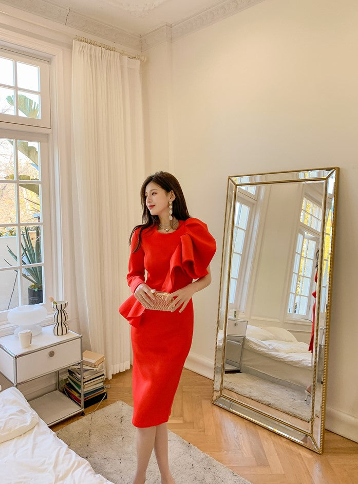 DOLLY Elegant Red Sloping Shoulder Ruffle Long Sleeve Midi Dinner Dress-KIMBRA