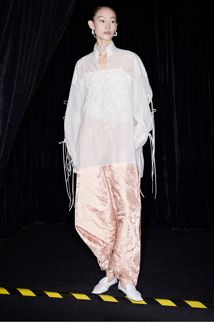 M essential Mackay designer soft-paper pale overshirt with pavement embroidery - serious.