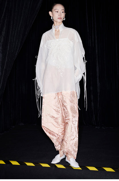 M essential Mackay designer soft-paper pale overshirt with pavement embroidery - serious.