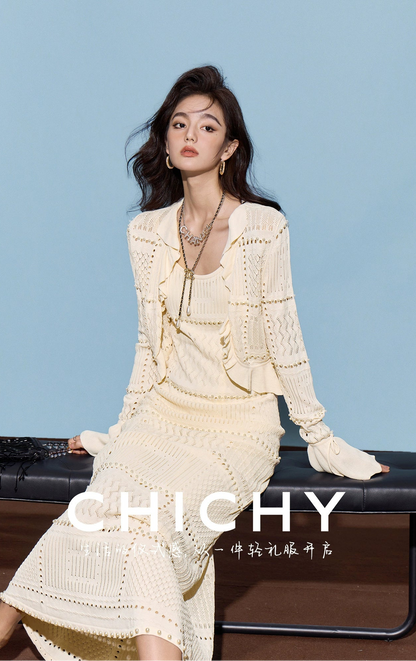 CHICHY slip knitted cardigan two-piece suit fairy long skirt-RILEY