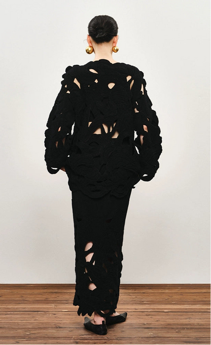 ZHUCHONGYUN winter floral wool knitted midi black skirt-ARLETE.