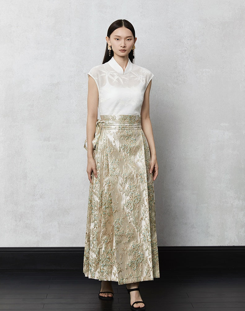 HECO high waist pleat blue purple green jacquard Embossed Skirt Women - king.