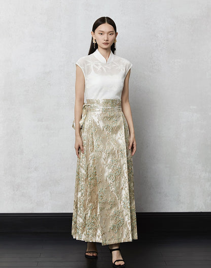 HECO high waist pleat blue purple green jacquard Embossed Skirt Women - king.