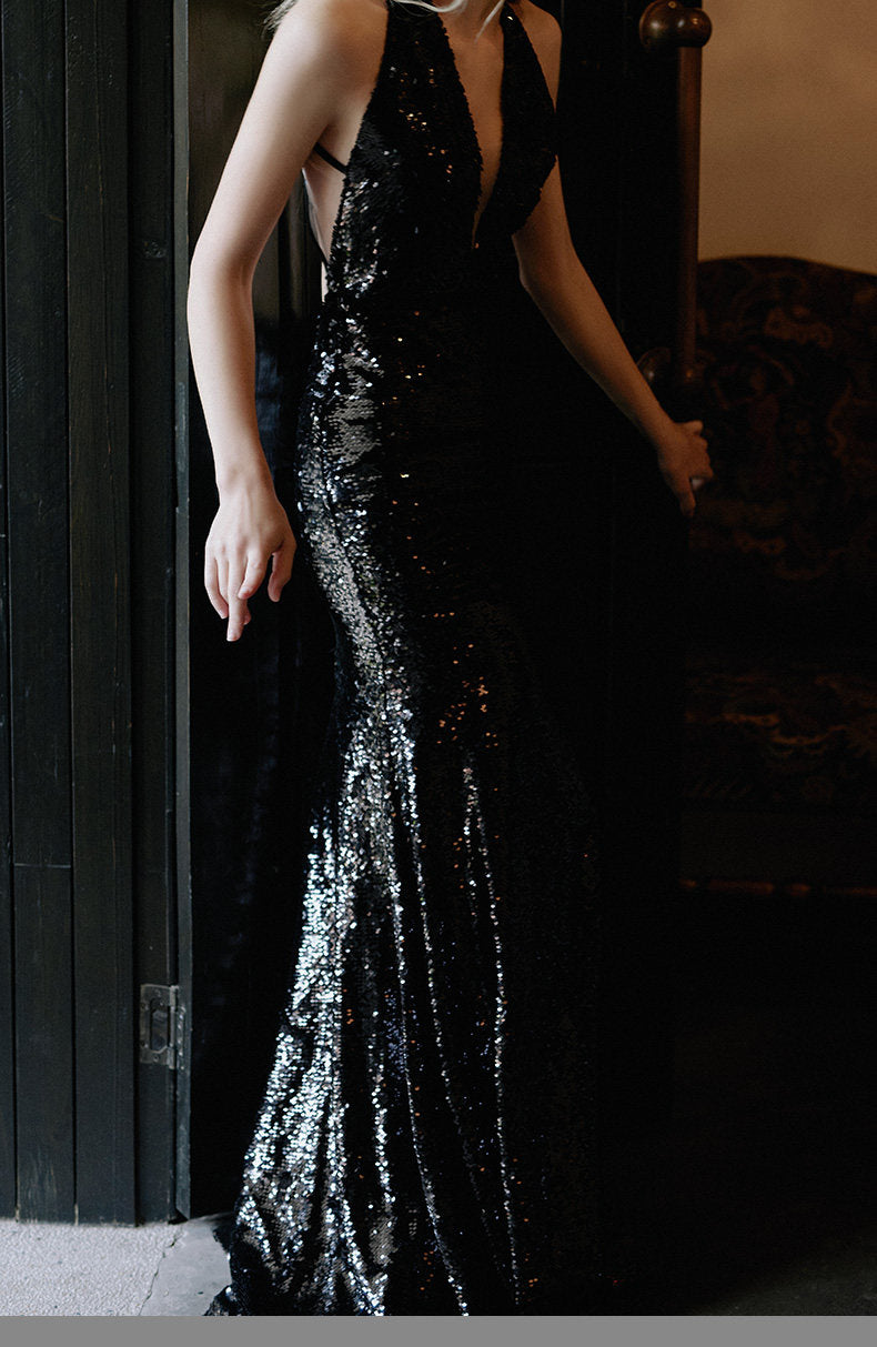 GOUDIN light luxury black long sequin evening dress-MIA.
