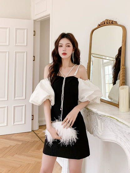 DOLLY Luxury Off Shoulder White Puff Sleeves Black A-Line Dinner Dress-MERCIA