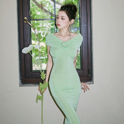 DOLLY Luxury French Style Off Shoulder Short Sleeve Hip Wrap Dinner Dress-ANTHEA