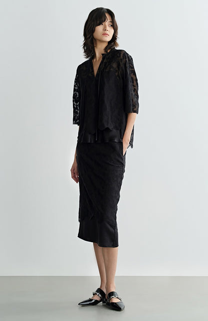 COMME MOI silk embroidered black slit midi skirt - LONDON.