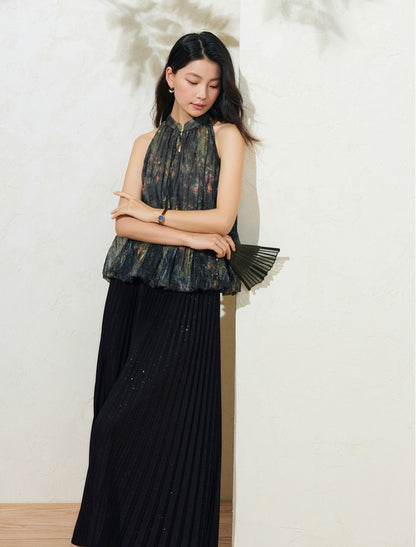 SUSHE Light Chinese smudge halter neck off-the-shoulder chiffon top -TESS