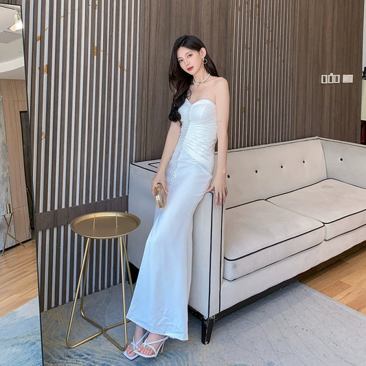 DOLLY Elegant Retro Style Sleeveless Off Shoulder Chest Wrap Long Fish Tail Dress-POW