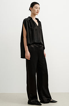 COMME MOI Summer Women's Black Satin Straight Pants - ADELINE.