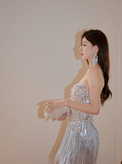 DOLLY Elegant Chest Wrap Glittering Tassel Tube Top Beaded Short Sexy Dress-LENORA  (V)