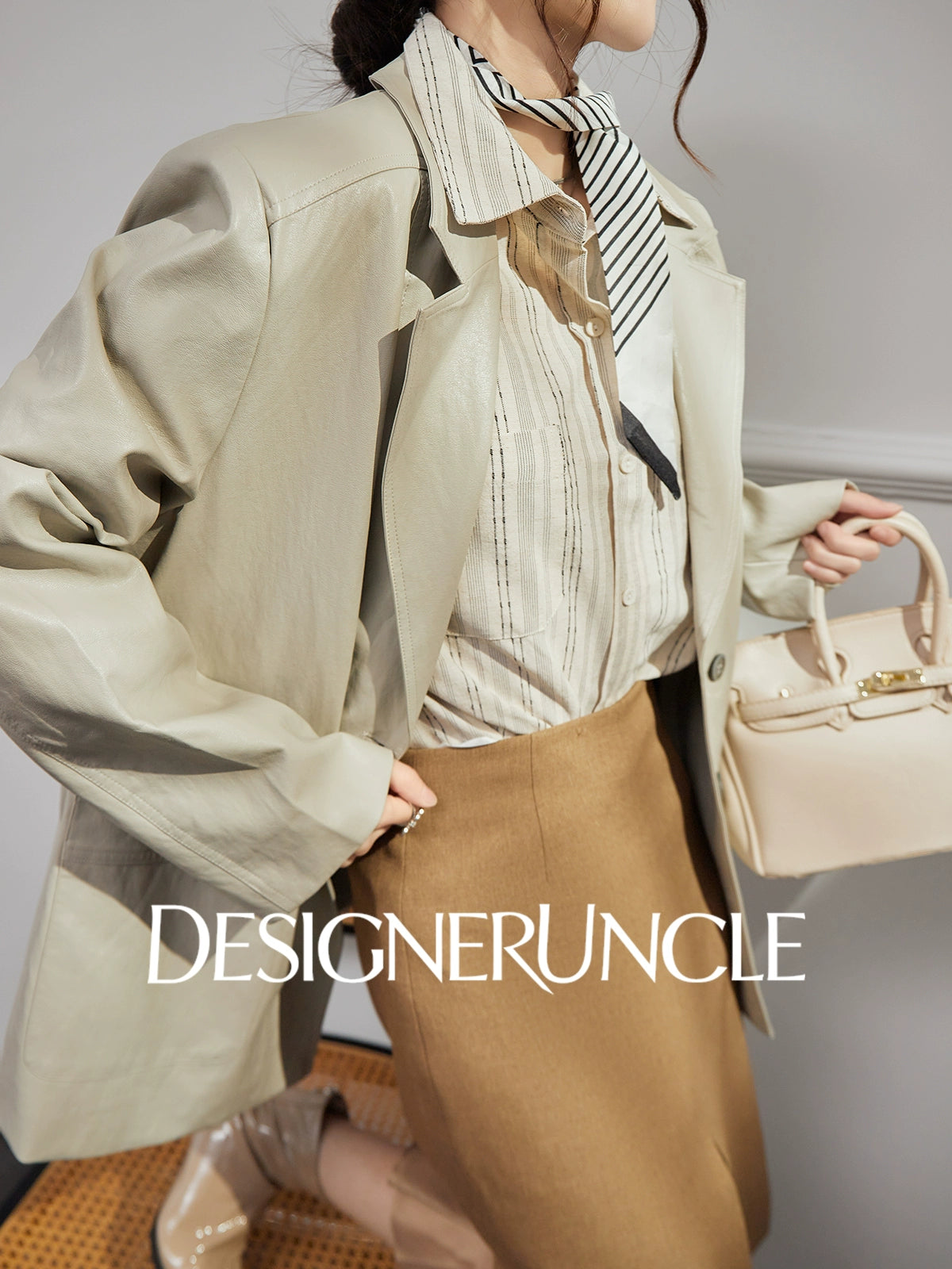 DGU "Light Twilight" Beige Gray Haining Genuine Leather Jacket - Billie.
