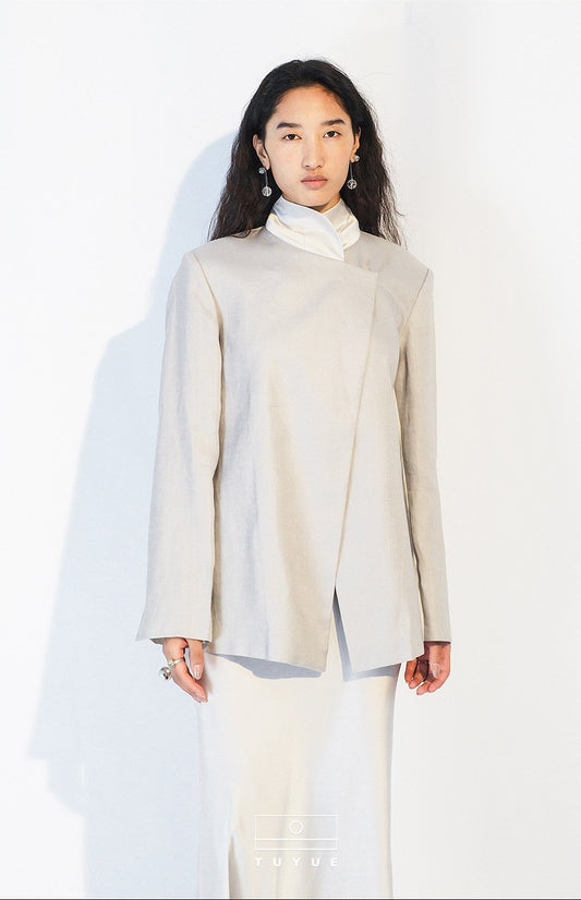 TUYUE Mulberry Silk Linen Stand-up Collar Slim Suit - HARPER.