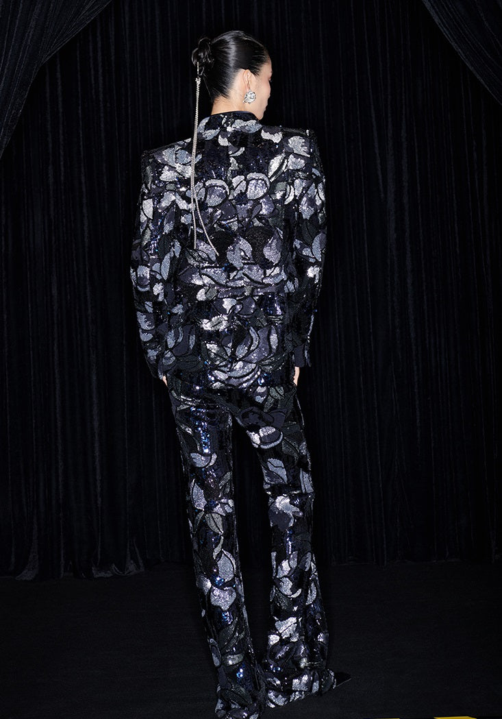 M essential Mackay Magnolia embroidered sequins padded shoulder crop coat dress pants suit - Ilie.