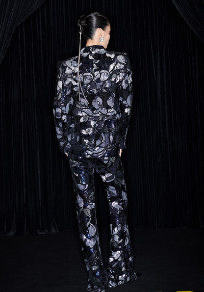 M essential Mackay Magnolia embroidered sequins padded shoulder crop coat dress pants suit - Ilie.