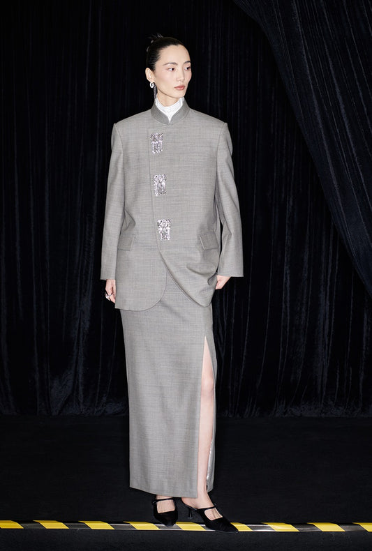 M essential Mackay designer raw linen skinny wool crystal lamp tassel bead suit - CHEN.