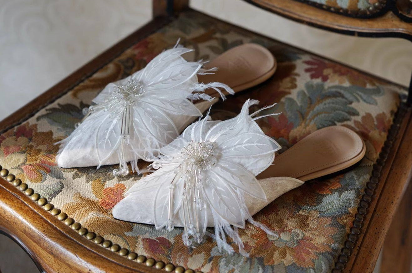 B-FEI white feather flower rhinestone flat mules-ARJO.