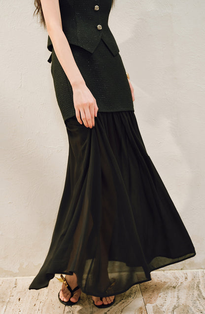 WANGXO |Light Georgette V-Neck Vest & Flowing  Skirt Suit Set-RINA