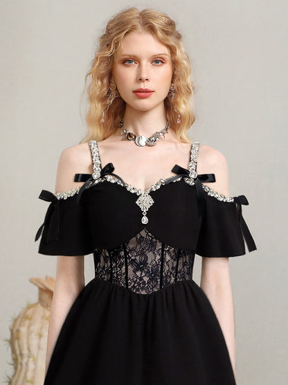 CHECOCRE summer new heavy design sense diamond chain bow dress - JOEL.