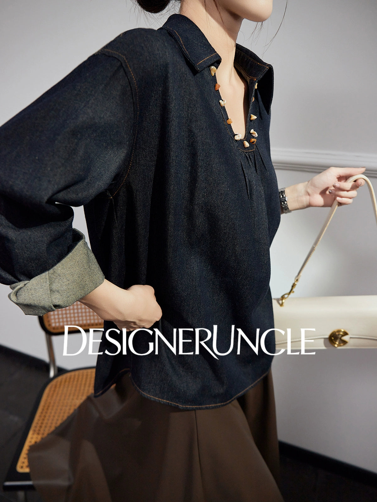 DGU "Fog Shadow" Denim New Retro Velvet Loose Slimming Commuter Top - SENT.