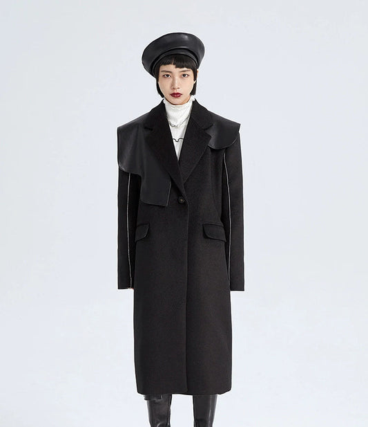 TINY IN long over-the-knee tweed coat jacket suit collar shawl detachable black coat-KEKE