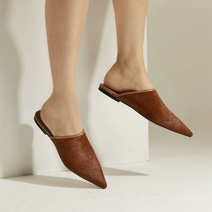 B-FEI simple horsehair niche mules pointed toe shoes-IKKI.