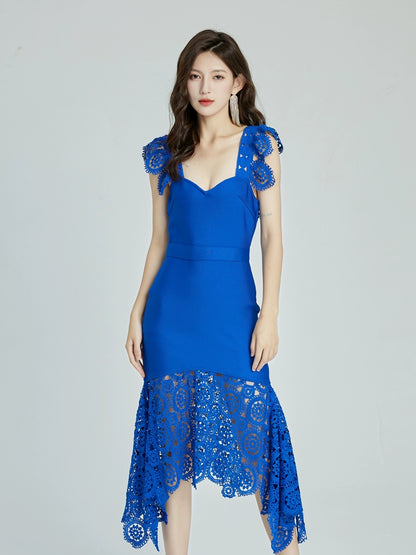 DOLLY Elegant White/Yellow V-Neck Sleeveless Lace Midi Birthday Guest Dress-THALIA