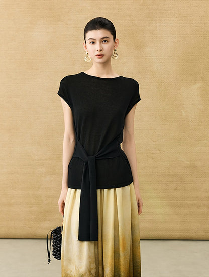 HECO Chinese Slimming Waist Linen Knit Breathable Crew Neck T-Shirt - INDIGO.