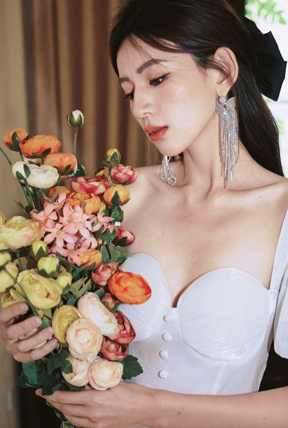 DOLLY Elegant Square Collar Short Sleeve Corset Top Backless Midi A-Line Dress-GISELA