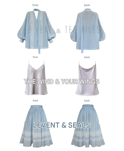 LE VENT&TES AILES pastel blue elegant summer vacation  V-neck shirt skirt set -GWEN
