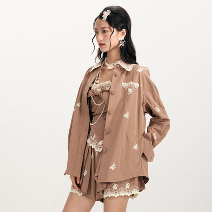 FAME Flower Embroidered Long Sleeve Shirt Top  - DOMNIC