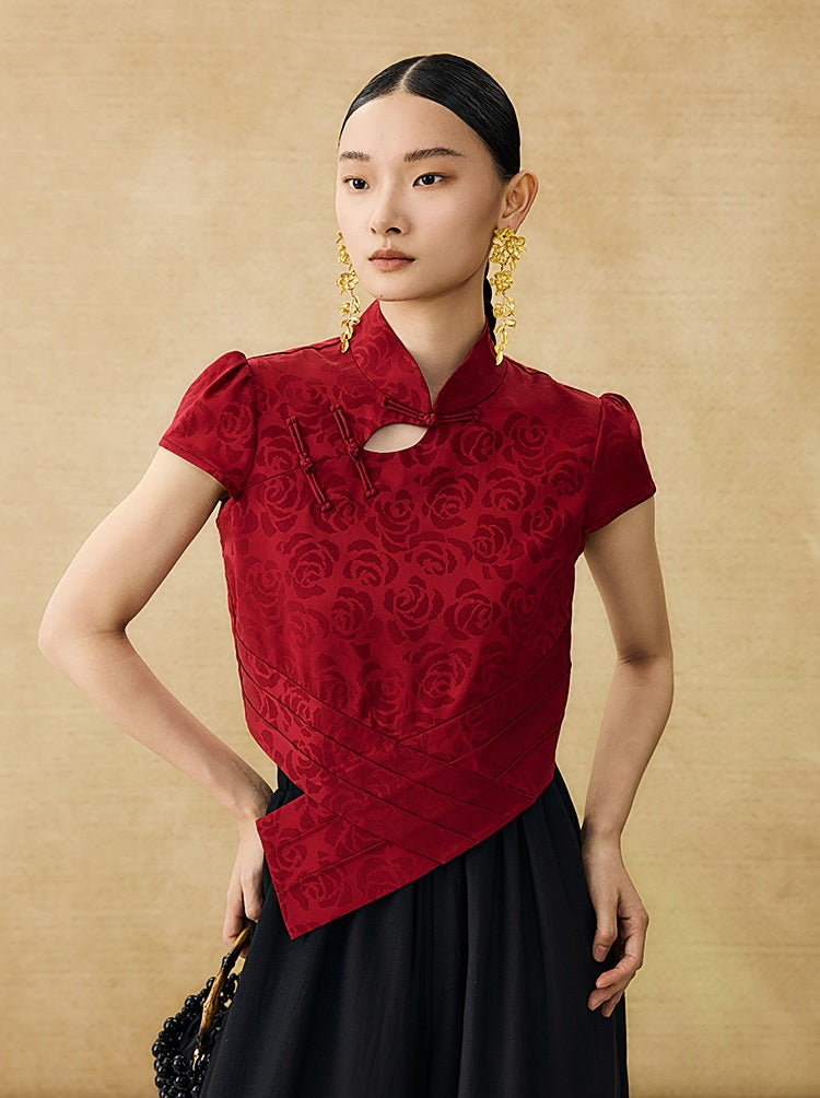 HECO Chinese acetate stand-up collar hollow buckle T-shirt - QUES.