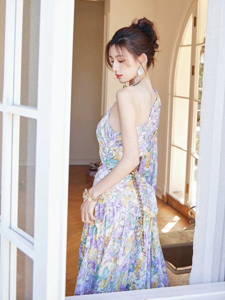 DOLLY Luxury French Style Floral One Sleeve Off Shoulder Waist Baring Slit Resort Dress-LYRA