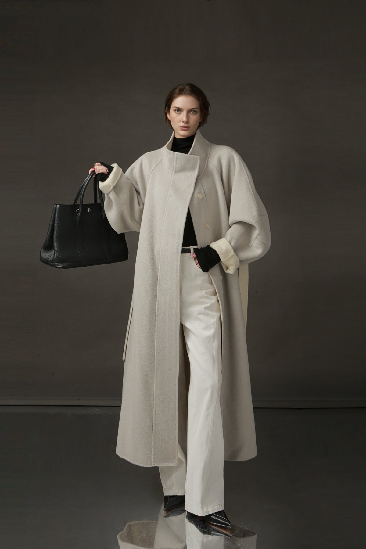 PIAOIN Women's Tweed Jacket Cashmere Long Coat-DAWN