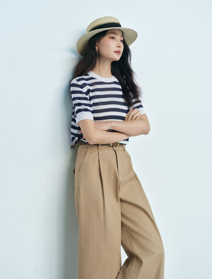 SUSHE light hollow texture striped short-sleeved knit sweater new stretch loose top -BESS