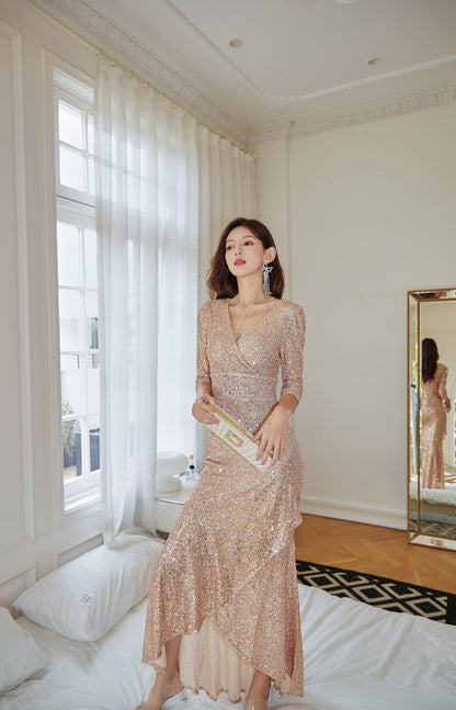 DOLLY Elegant Deep V-Neck Long Sleeve Sequin Fish Tail Long Banquet Dress-MAIA