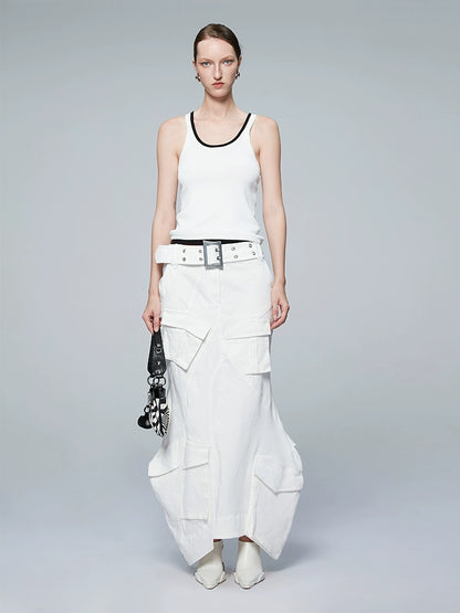 ANNAKIKI white geometric irregular split cargo skirt-MIKASA