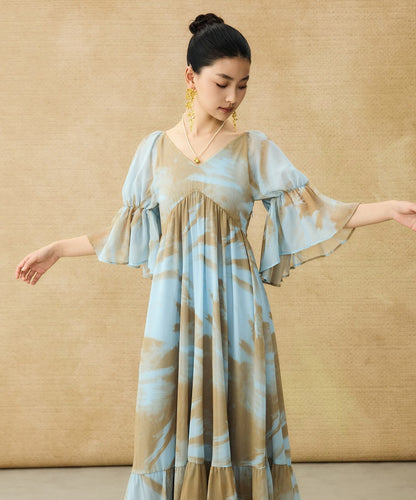 HECO Chinese V-neck wavy sleeve summer big resort dress - AMAZE .