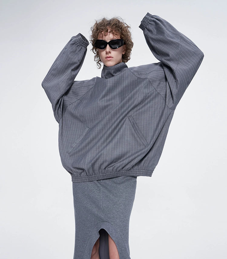 ANNAKIKI Gray Wool Casual Loose Pullover Stand Collar Top-EIKO