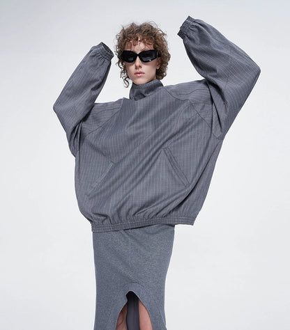 ANNAKIKI Gray Wool Casual Loose Pullover Stand Collar Top-EIKO