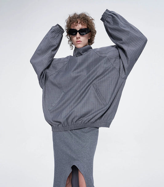 ANNAKIKI Gray Wool Casual Loose Pullover Stand Collar Top-EIKO