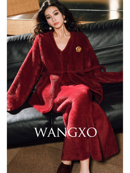 WANGXO | Ultimate Fluffy Mink Hair Texture  Lazy Soft Cardigan, Matching Vest & Elegant Fishtail Skirt Set-  KIMI ?