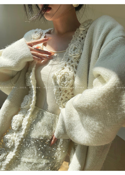 Aconiconi Luxury Loose V-Neck Long Sleeve Crochet Sweater - Camellia in the Fields