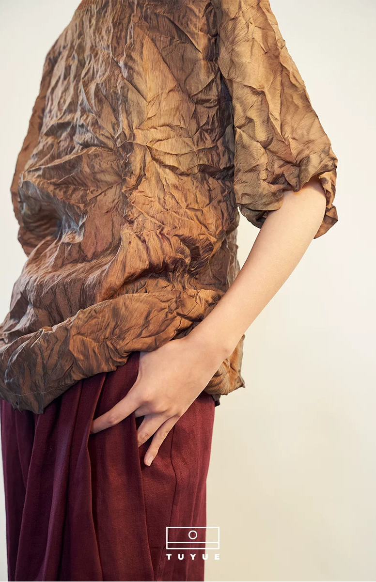 TUYUE knitted collar plant tie-dye pleats short-sleeved top- MERLIN