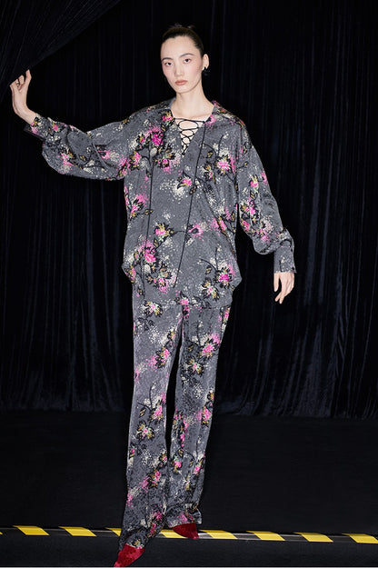 M essential Mackay designer cherry blossom print beads scissor neck loose top - NOCTAINE.