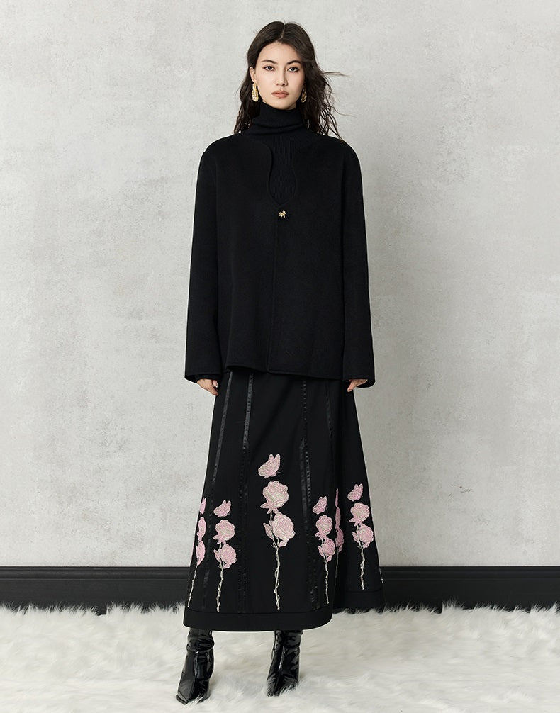 HECO high-density suit embroidered black A-line skirt women - beta.